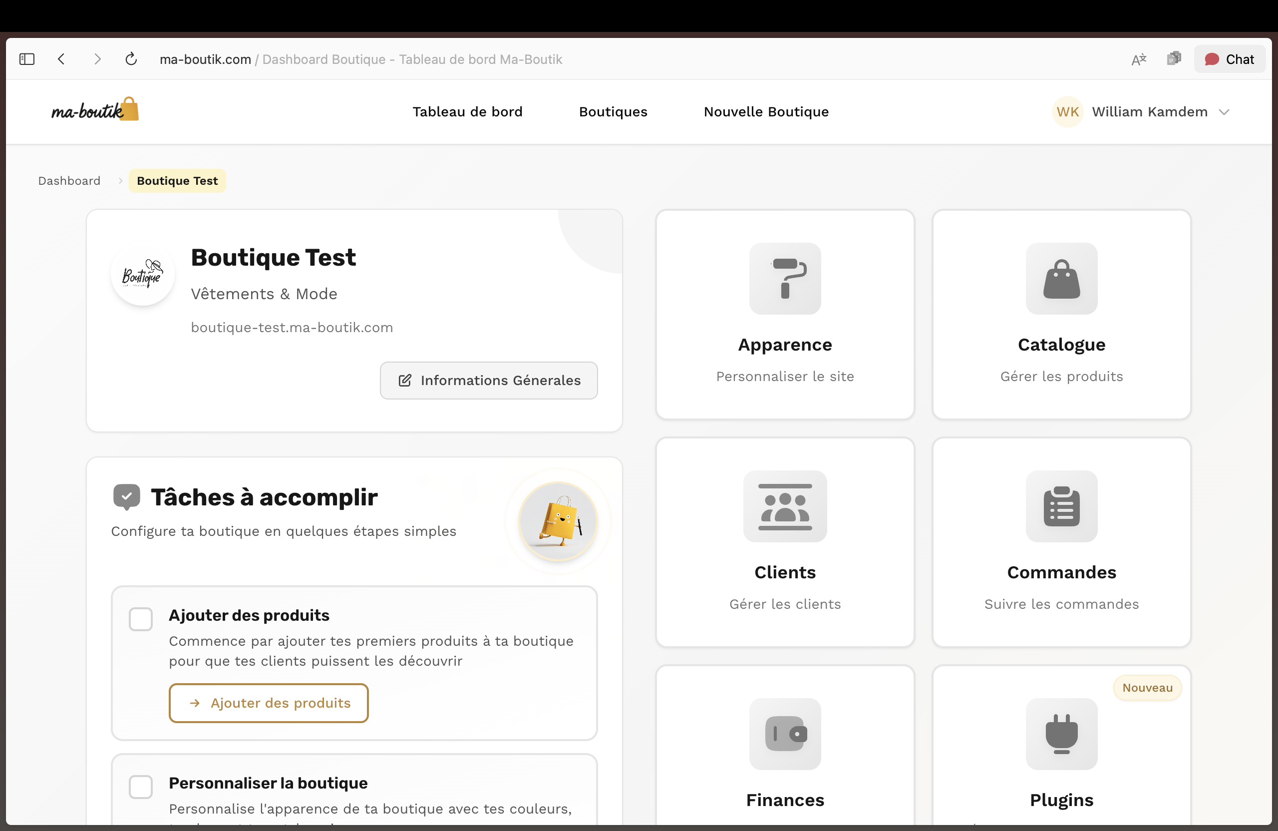 Aperçu du tableau de bord Ma-Boutik